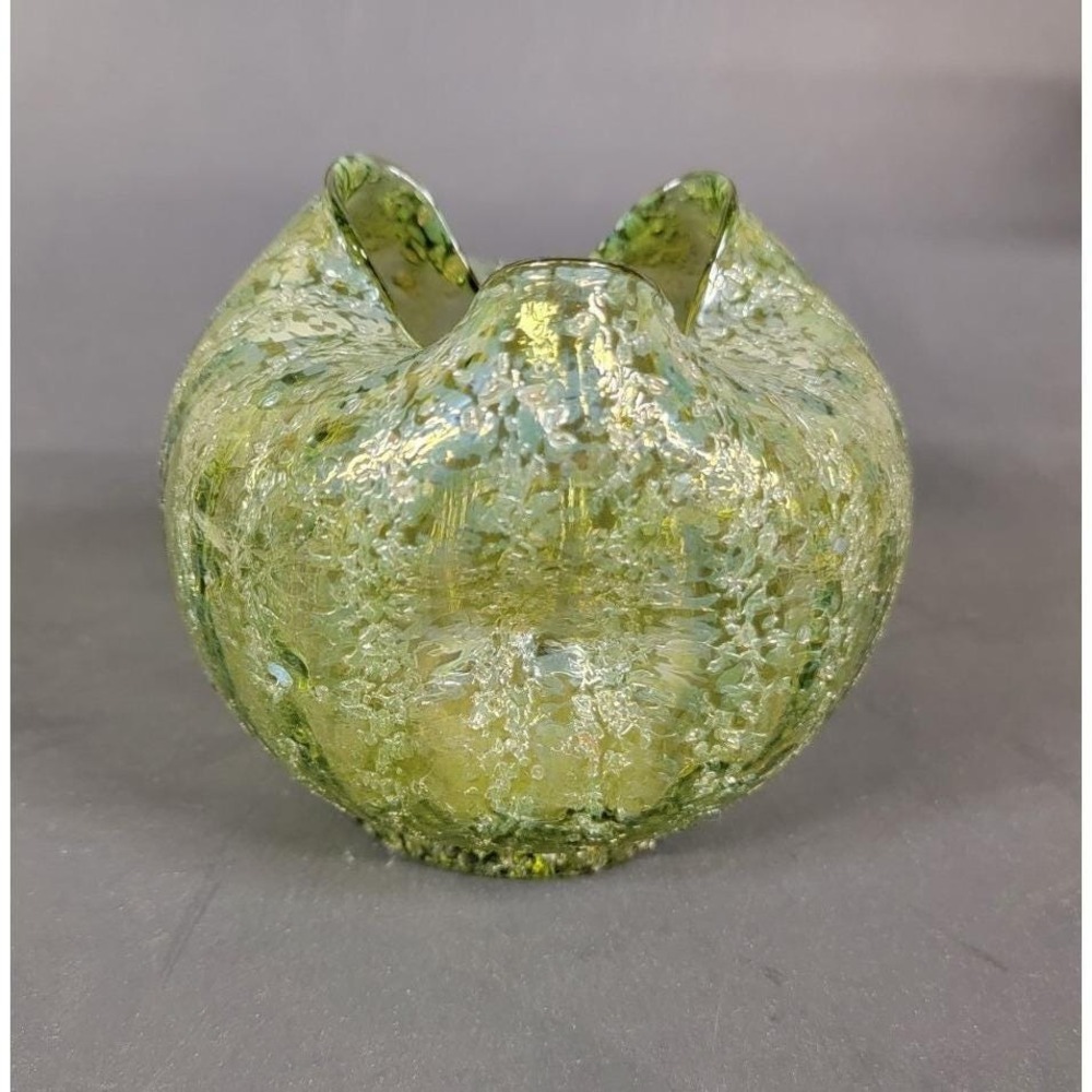 Antique Dugan Glass Striped Frit Vase Rose Bowl Pinched Form Pompeian Green